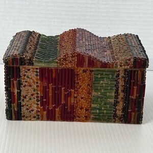Vintage Beaded Box - Jewelry Trinket Box - Colorful Beads & Cylindrical Pieces